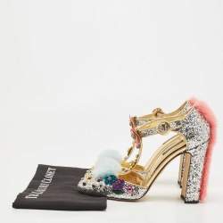 Dolce & Gabbana Silver Glittered and Leather Fluffy Mary Jane Sandals Size 40