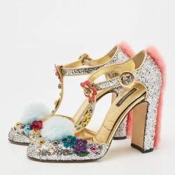 Dolce & Gabbana Silver Glittered and Leather Fluffy Mary Jane Sandals Size 40