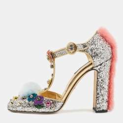 Dolce & Gabbana Silver Glittered and Leather Fluffy Mary Jane Sandals Size 40