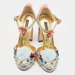 Dolce & Gabbana Silver Glittered and Leather Fluffy Mary Jane Sandals Size 40