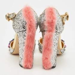 Dolce & Gabbana Silver Glittered and Leather Fluffy Mary Jane Sandals Size 40