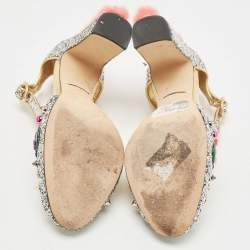 Dolce & Gabbana Silver Glittered and Leather Fluffy Mary Jane Sandals Size 40
