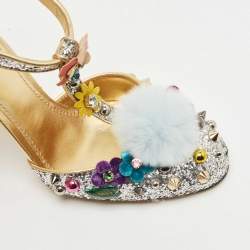 Dolce & Gabbana Silver Glittered and Leather Fluffy Mary Jane Sandals Size 40