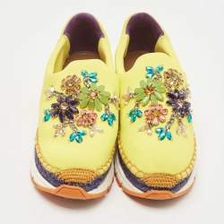 Pre Owned Dolce & Gabbana Yellow Neoprene Barcelona Embellished Slip On Sneakers Size 38