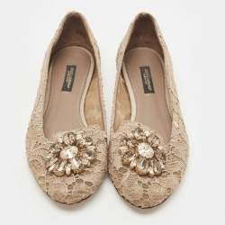 Pre Owned Dolce & Gabbana Beige Lace Taormina Crystal Embellished Ballet Flats Size 36