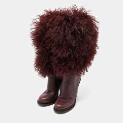 Pre Owned Dolce & Gabbana Burgundy Fur and Leather Calf Length Boots Size 38