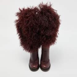 Pre Owned Dolce & Gabbana Burgundy Fur and Leather Calf Length Boots Size 38