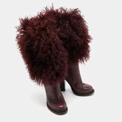 Pre Owned Dolce & Gabbana Burgundy Fur and Leather Calf Length Boots Size 38