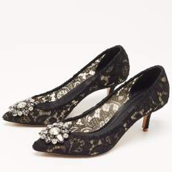 Pre Owned Dolce & Gabbana Black Lace Bellucci Crystal Embellished Pointed Toe Pumps Size 38.5