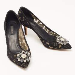 Pre Owned Dolce & Gabbana Black Lace Bellucci Crystal Embellished Pointed Toe Pumps Size 38.5