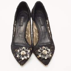 Pre Owned Dolce & Gabbana Black Lace Bellucci Crystal Embellished Pointed Toe Pumps Size 38.5