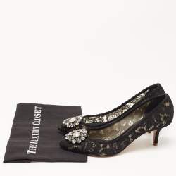 Pre Owned Dolce & Gabbana Black Lace Bellucci Crystal Embellished Pointed Toe Pumps Size 38.5