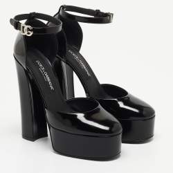 Pre Owned Dolce & Gabbana Black Patent Leather Logo Plaque Platfrom Pumps Size 39.5