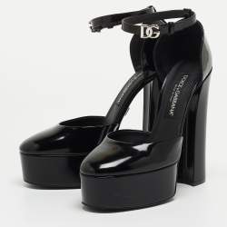 Pre Owned Dolce & Gabbana Black Patent Leather Logo Plaque Platfrom Pumps Size 39.5