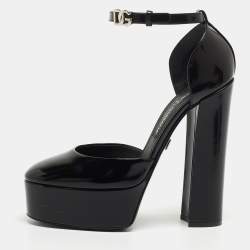 Pre Owned Dolce & Gabbana Black Patent Leather Logo Plaque Platfrom Pumps Size 39.5