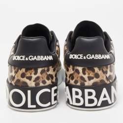 Pre Owned Dolce & Gabbana Black/Brown Leopard Print Leather Portofino Low Top Sneakers Size 37