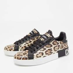 Pre Owned Dolce & Gabbana Black/Brown Leopard Print Leather Portofino Low Top Sneakers Size 37