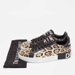 Pre Owned Dolce & Gabbana Black/Brown Leopard Print Leather Portofino Low Top Sneakers Size 37