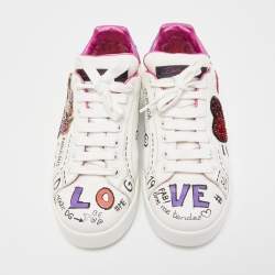 Pre Owned Dolce & Gabbana White Leather Patch Embroidered Low Top Sneakers Size 37