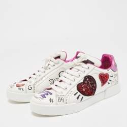 Pre Owned Dolce & Gabbana White Leather Patch Embroidered Low Top Sneakers Size 37