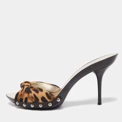 Dolce & Gabbana Brown/Beige Animal Print Knotted Canvas Slide Sandals Size 38.5