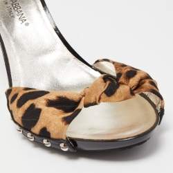 Dolce & Gabbana Brown/Beige Animal Print Knotted Canvas Slide Sandals Size 38.5