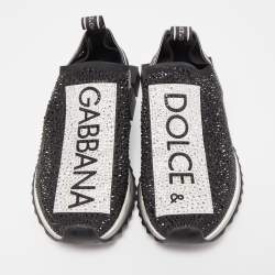 Pre Owned Dolce & Gabbana Black/Silver Crystal Embellished Knit Fabric Sorrento Sneakers Size 39