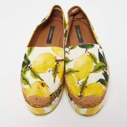 Pre Owned Dolce & Gabbana Tricolor Lemon Print Fabric Platform Espadrille Flats Size 35