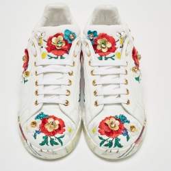 Pre Owned Dolce & Gabbana White Leather Embroidered Portofino Low Top Sneakers Size 38