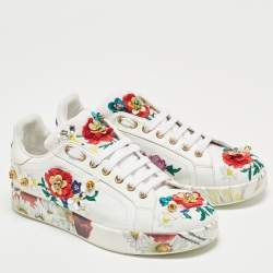Pre Owned Dolce & Gabbana White Leather Embroidered Portofino Low Top Sneakers Size 38