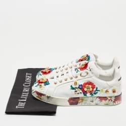 Pre Owned Dolce & Gabbana White Leather Embroidered Portofino Low Top Sneakers Size 38