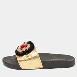 Dolce & Gabbana Gold Jacquard Embellished Slide Sandals Size 40