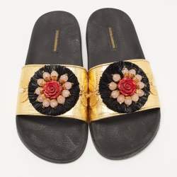 Dolce & Gabbana Gold Jacquard Embellished Slide Sandals Size 40