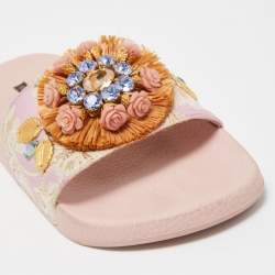 Dolce & Gabbana Pink Jacquard Fabric Embellished Slides Size 40
