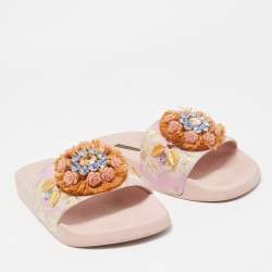 Dolce & Gabbana Pink Jacquard Fabric Embellished Slides Size 40