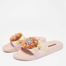 Dolce & Gabbana Pink Jacquard Fabric Embellished Slides Size 40