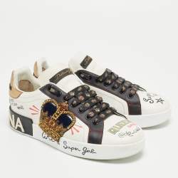 Pre Owned Dolce & Gabbana White Leather Embellished Crown Portofino Sneakers Size 37