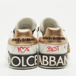 Pre Owned Dolce & Gabbana White Leather Embellished Crown Portofino Sneakers Size 37