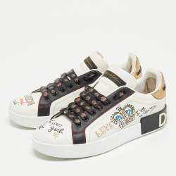Pre Owned Dolce & Gabbana White Leather Embellished Crown Portofino Sneakers Size 37