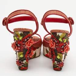 Pre Owned Dolce & Gabbana Pink Floral Raffia Wedge Platform Ankle Strap Sandals Size 40