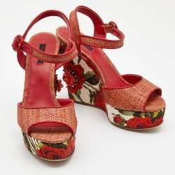 Pre Owned Dolce & Gabbana Pink Floral Raffia Wedge Platform Ankle Strap Sandals Size 40