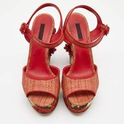 Pre Owned Dolce & Gabbana Pink Floral Raffia Wedge Platform Ankle Strap Sandals Size 40