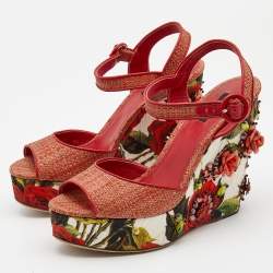 Pre Owned Dolce & Gabbana Pink Floral Raffia Wedge Platform Ankle Strap Sandals Size 40