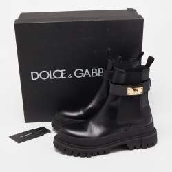 Pre Owned Dolce & Gabbana Black Leather Logo Twist Buckle Combat Boots Size 41