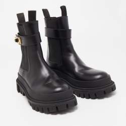 Pre Owned Dolce & Gabbana Black Leather Logo Twist Buckle Combat Boots Size 41