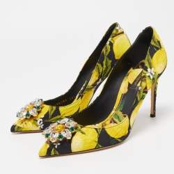 Pre Owned Dolce & Gabbana Tricolor Lemon Print Brocade Fabric Crystal Embellished Pumps Size 39.5