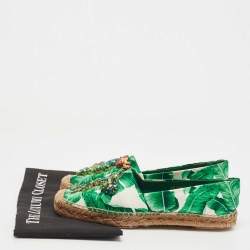 Dolce & Gabbana Green/White Floral Print Satin Embellished Espadrille Flats Size 40
