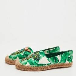 Dolce & Gabbana Green/White Floral Print Satin Embellished Espadrille Flats Size 40