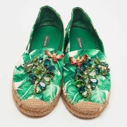Dolce & Gabbana Green/White Floral Print Satin Embellished Espadrille Flats Size 40