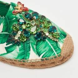 Dolce & Gabbana Green/White Floral Print Satin Embellished Espadrille Flats Size 40